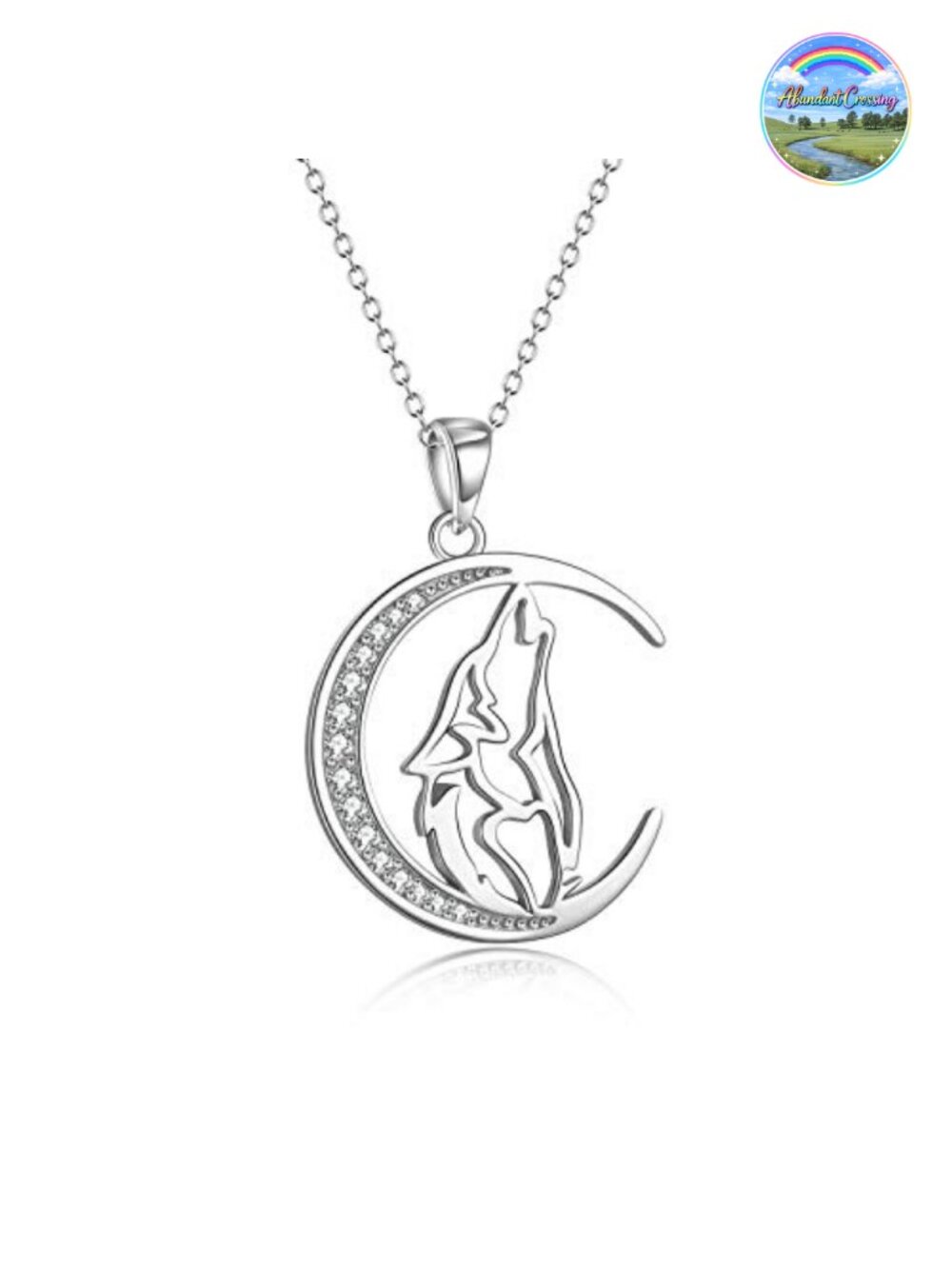 925 Sterling Silver Wolf Moon Pendant Necklace 18" Cubic Zirconia Birthday Gift